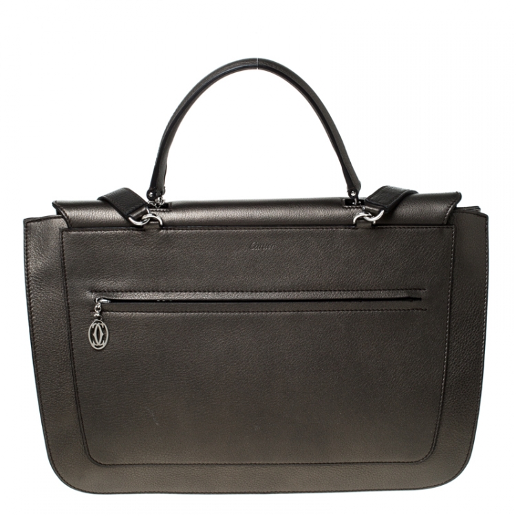 Pre Owned Cartier Grey Metallic Leather and Suede Flap Top Handle Bag 