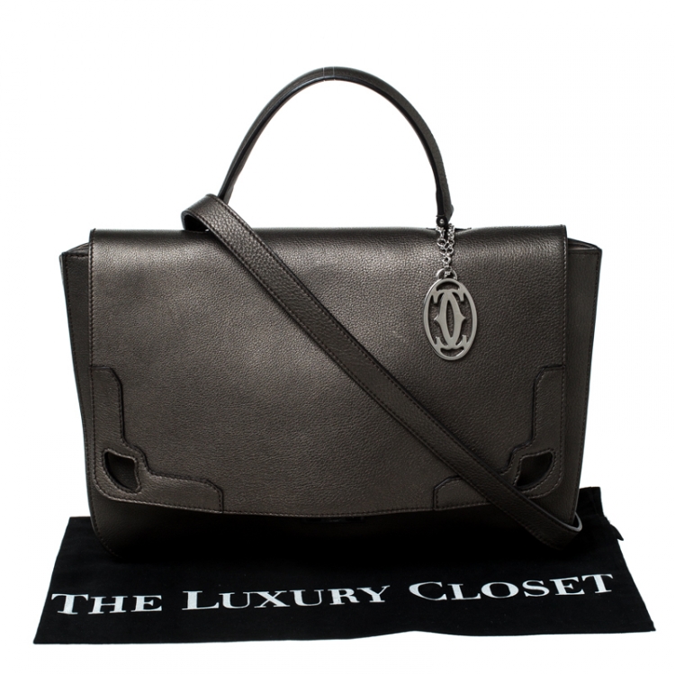 Pre Owned Cartier Grey Metallic Leather and Suede Flap Top Handle Bag 