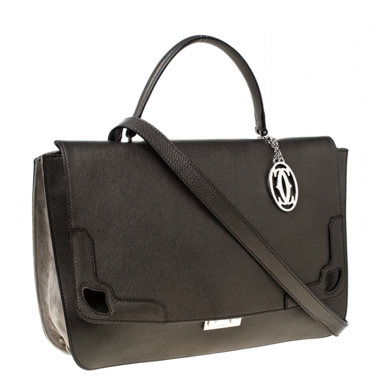 Pre Owned Cartier Grey Metallic Leather and Suede Flap Top Handle Bag 