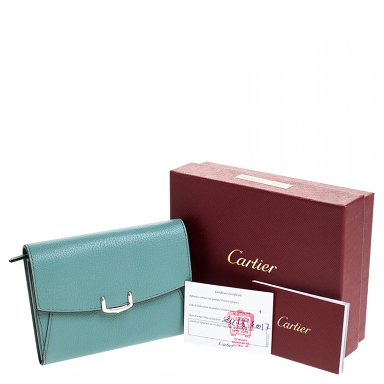 Pre Owned Cartier Sky Blue Leather C de Cartier Compact Wallet 