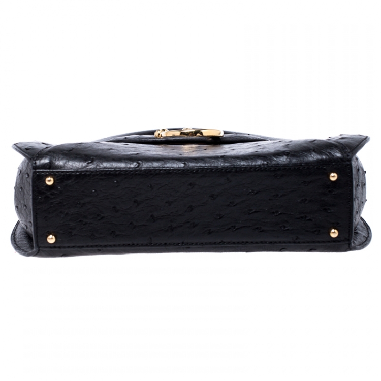 Pre Owned Cartier Black Ostrich Leather Panther Logo Satchel