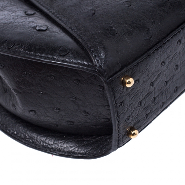 Pre Owned Cartier Black Ostrich Leather Panther Logo Satchel