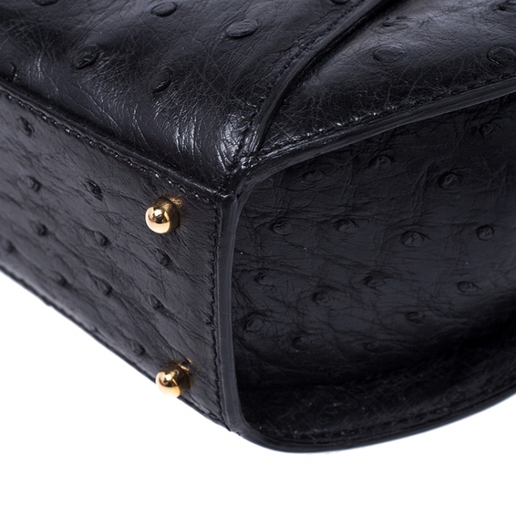 Pre Owned Cartier Black Ostrich Leather Panther Logo Satchel
