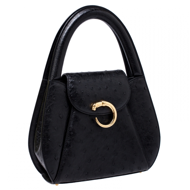 Pre Owned Cartier Black Ostrich Leather Panther Logo Satchel
