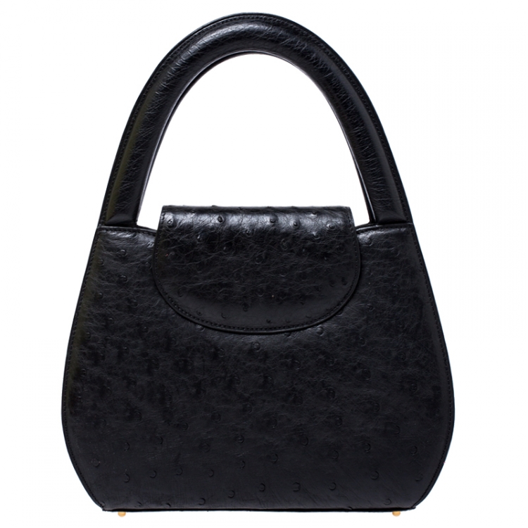 Pre Owned Cartier Black Ostrich Leather Panther Logo Satchel