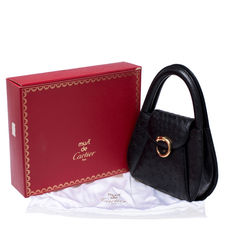 Pre Owned Cartier Black Ostrich Leather Panther Logo Satchel