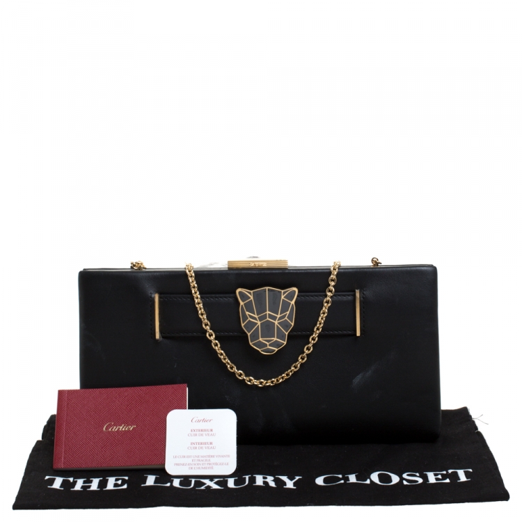Pre Owned Cartier Black Leather Panthere De Cartier Chain Clutch