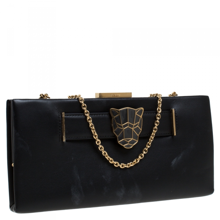 Pre Owned Cartier Black Leather Panthere De Cartier Chain Clutch