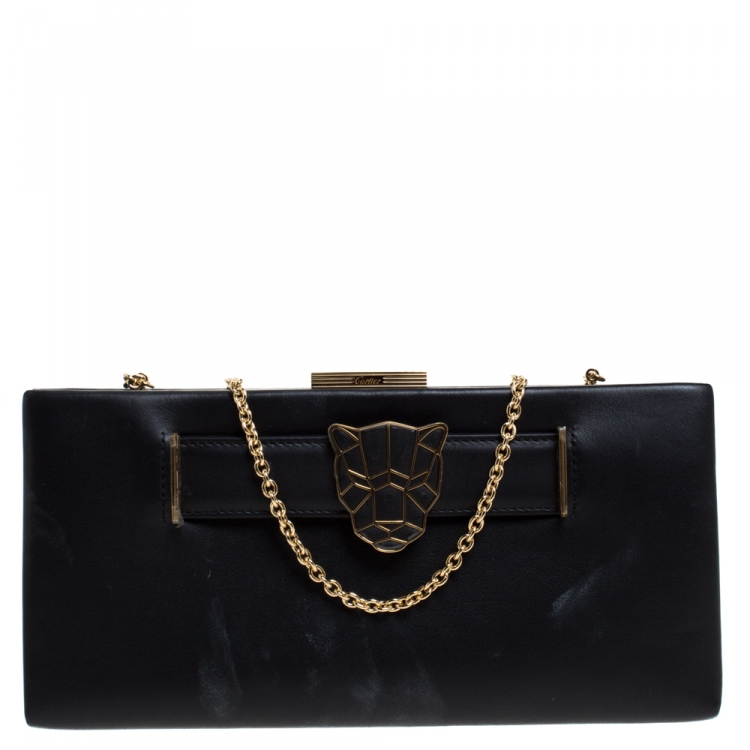 Pre Owned Cartier Black Leather Panthere De Cartier Chain Clutch