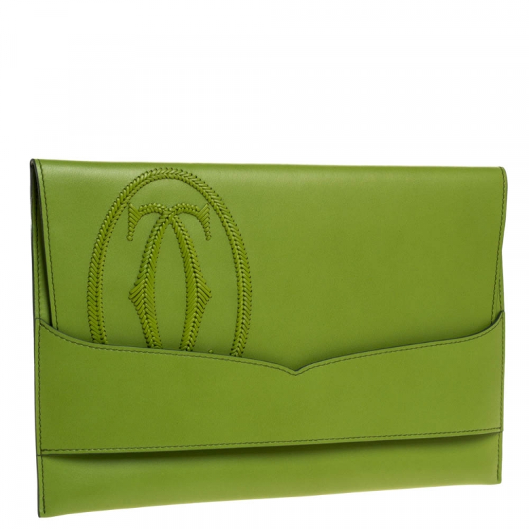 Pre Owned Cartier Apple Green Leather Logo Flap Clutch