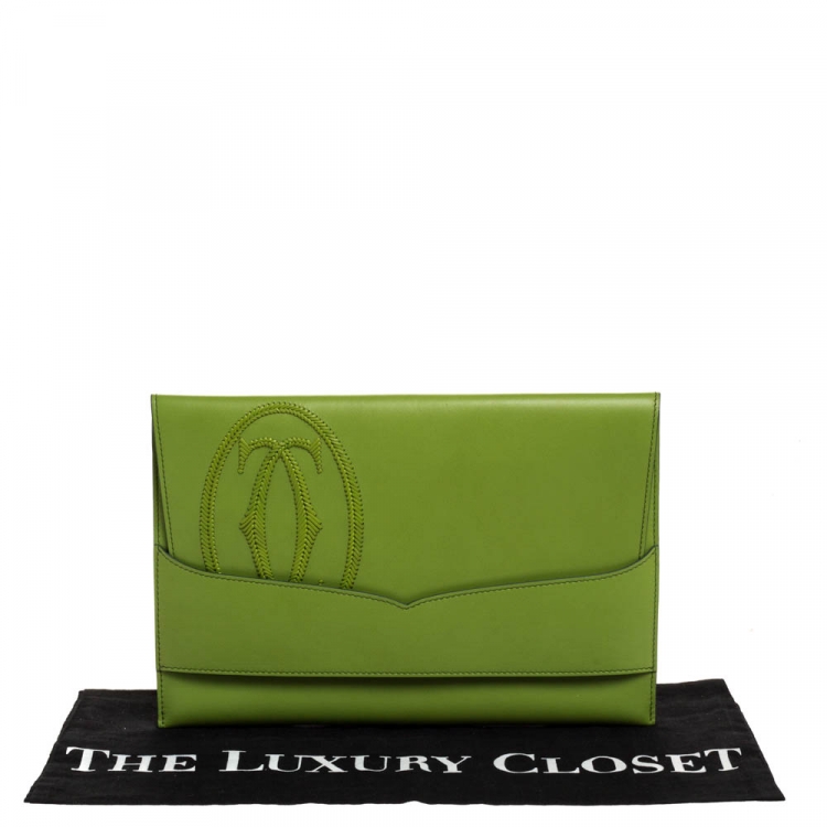 Pre Owned Cartier Apple Green Leather Logo Flap Clutch