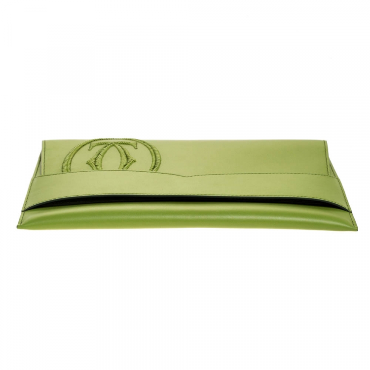 Pre Owned Cartier Apple Green Leather Logo Flap Clutch