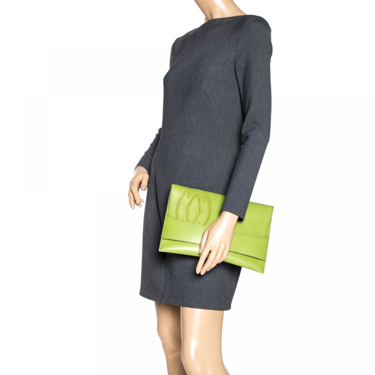 Pre Owned Cartier Apple Green Leather Logo Flap Clutch