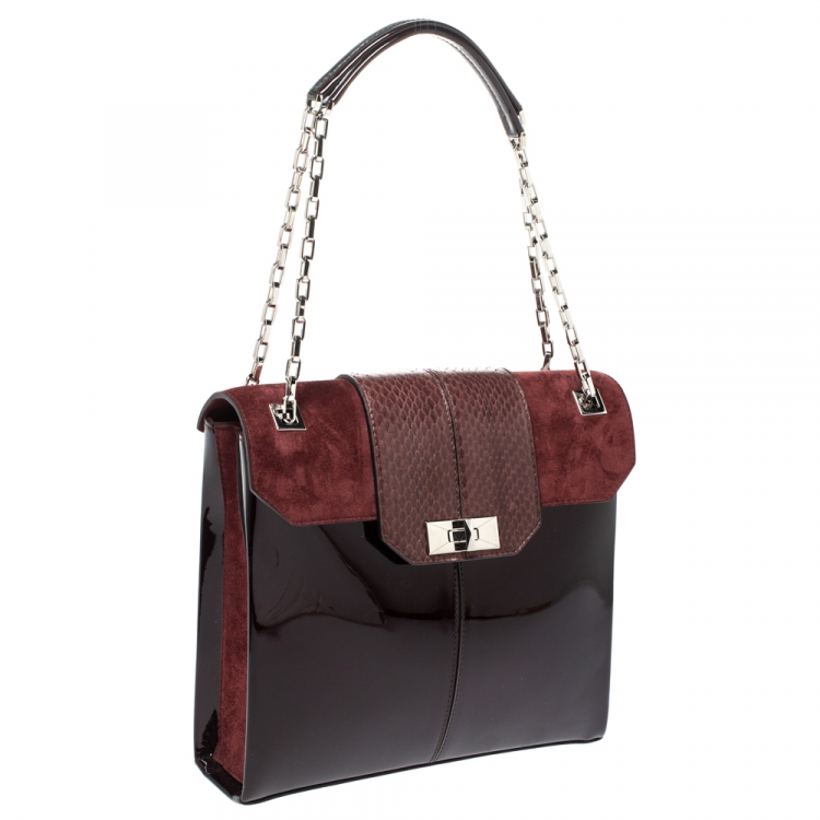 Pre Owned Cartier Burgundy Patent Leather/Suede and Python Classic Feminine Line Chain Bag