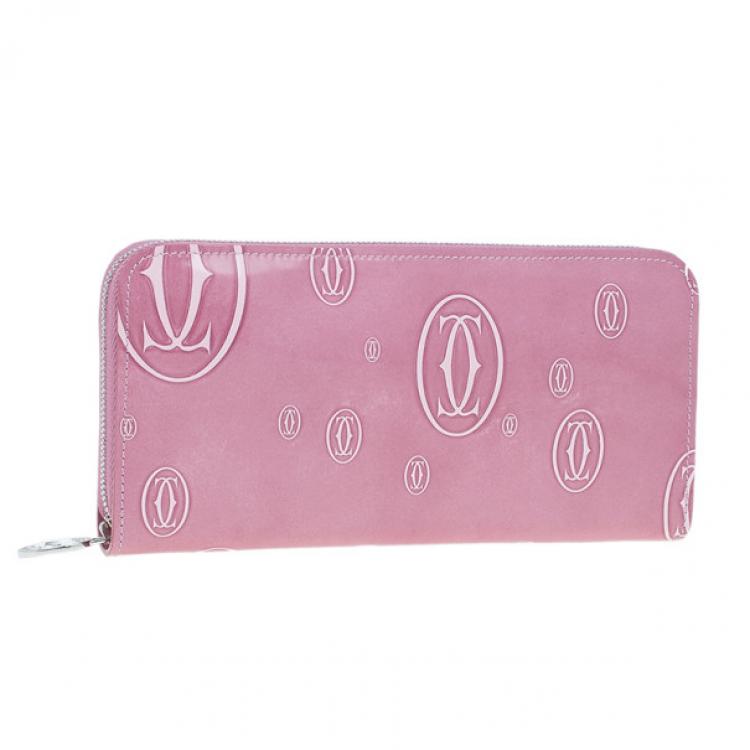 Pre Owned Cartier Pink Patent Leather Logo Continental Wallet