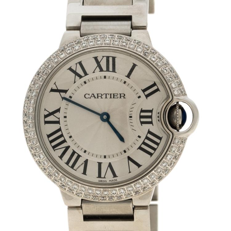 Pre Owned Cartier Grey Stainless Steel & Diamonds Ballon Bleu De Cartier Women's  Wristwatch 36 mm