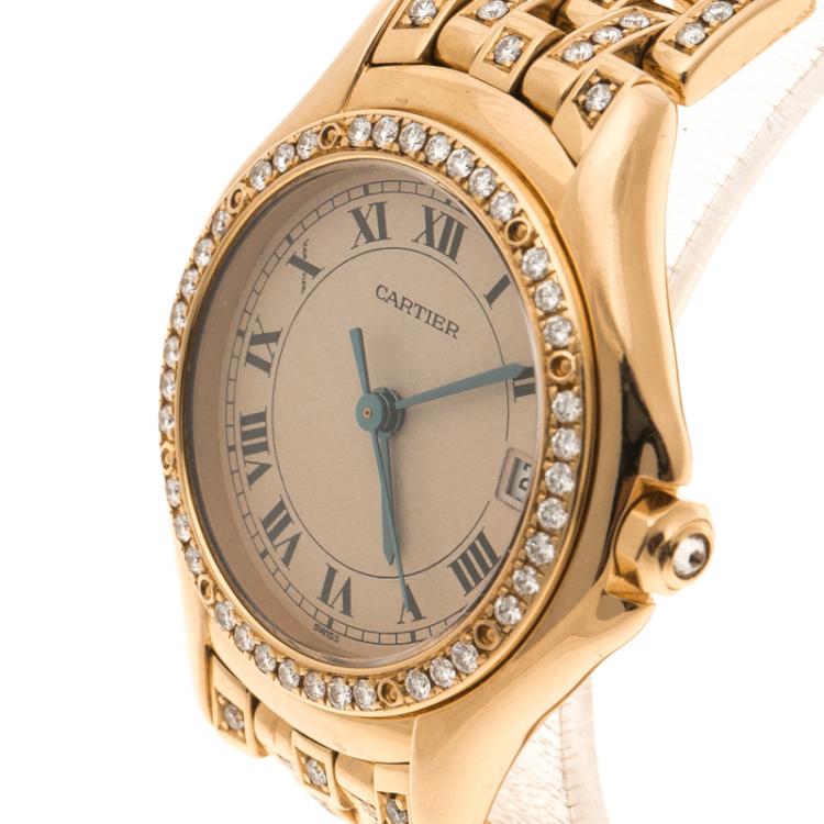 مملوكة مسبقًا Cartier Cream 18K Yellow Gold and Diamonds Cougar Women's Wristwatch 26MM