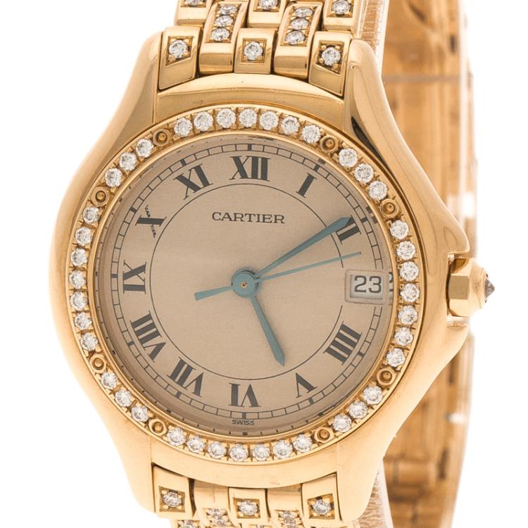 مملوكة مسبقًا Cartier Cream 18K Yellow Gold and Diamonds Cougar Women's Wristwatch 26MM