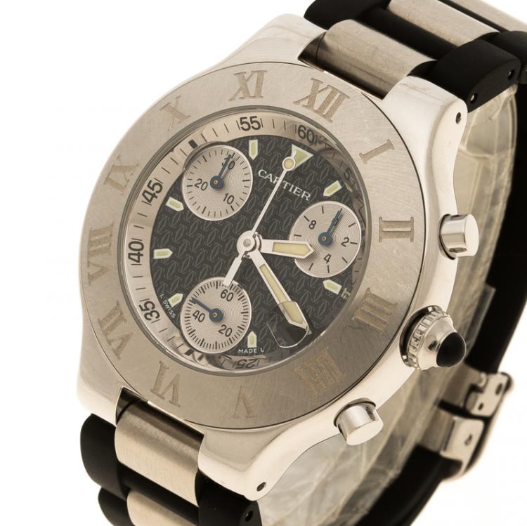 Pre Owned Cartier Black Stainless Steel Chronograph 21 Women's Wristwatch 38 mm