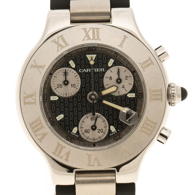 Pre Owned Cartier Black Stainless Steel Chronograph 21 Women's Wristwatch 38 mm