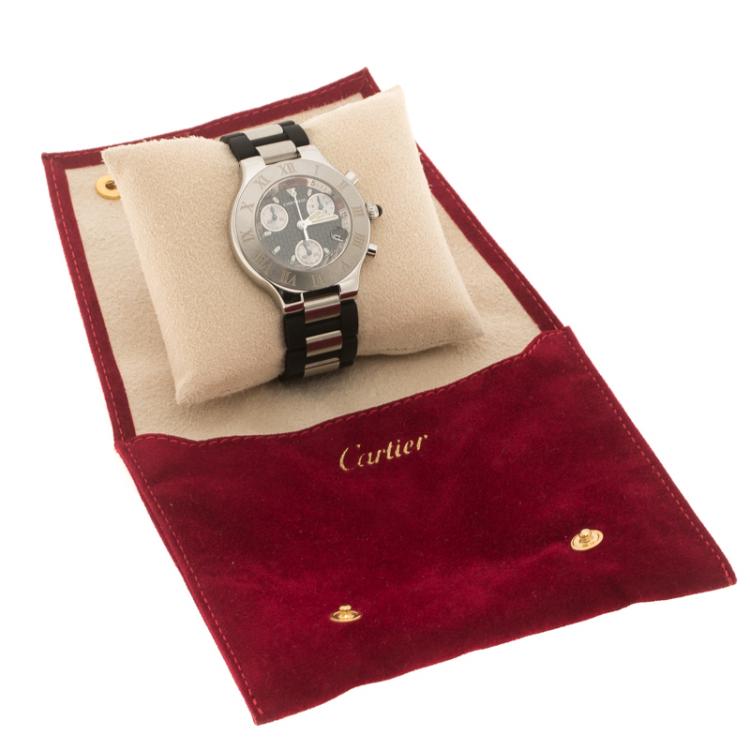 Pre Owned Cartier Black Stainless Steel Chronograph 21 Women's Wristwatch 38 mm
