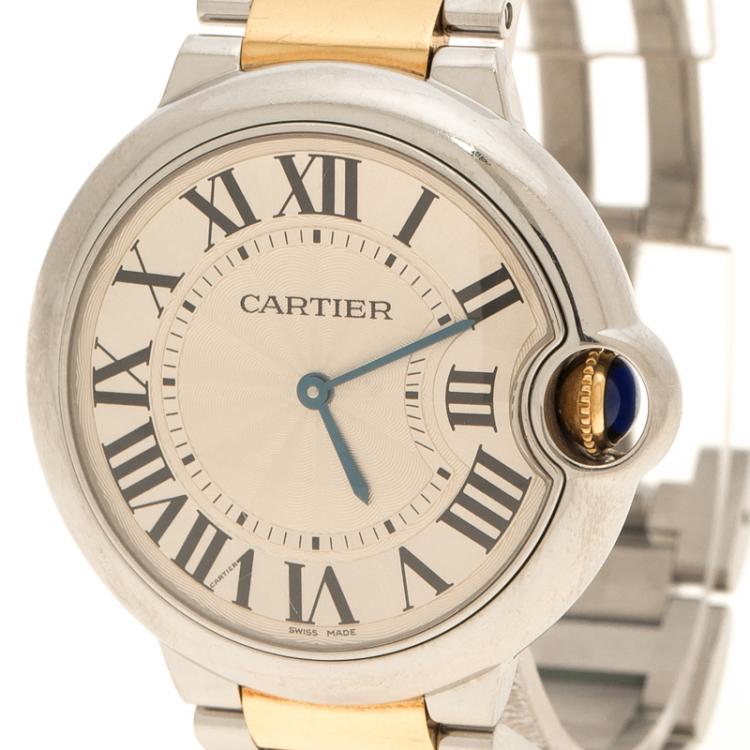 مملوكة مسبقًا Cartier Silver White 18K Yellow Gold and Stainless Steel Ballon Bleu de Cartier Women's Wristwatch 36 mm