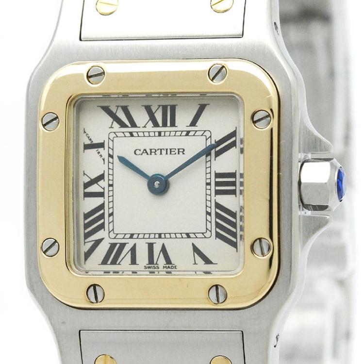 مملوكة مسبقًا Cartier White 18K Yellow Gold & Stainless Steel Santos Galbee Women's Wristwatch 24MM