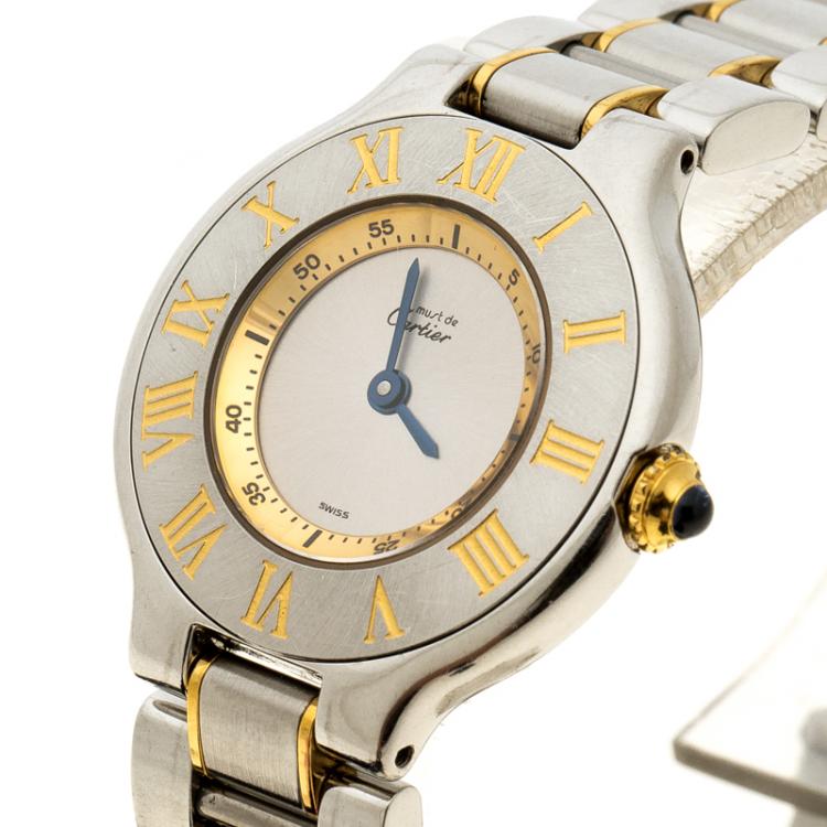 Pre Owned Cartier Silver Stainless Steel and Gold Must de Cartier Women's Wristwatch 28 mm