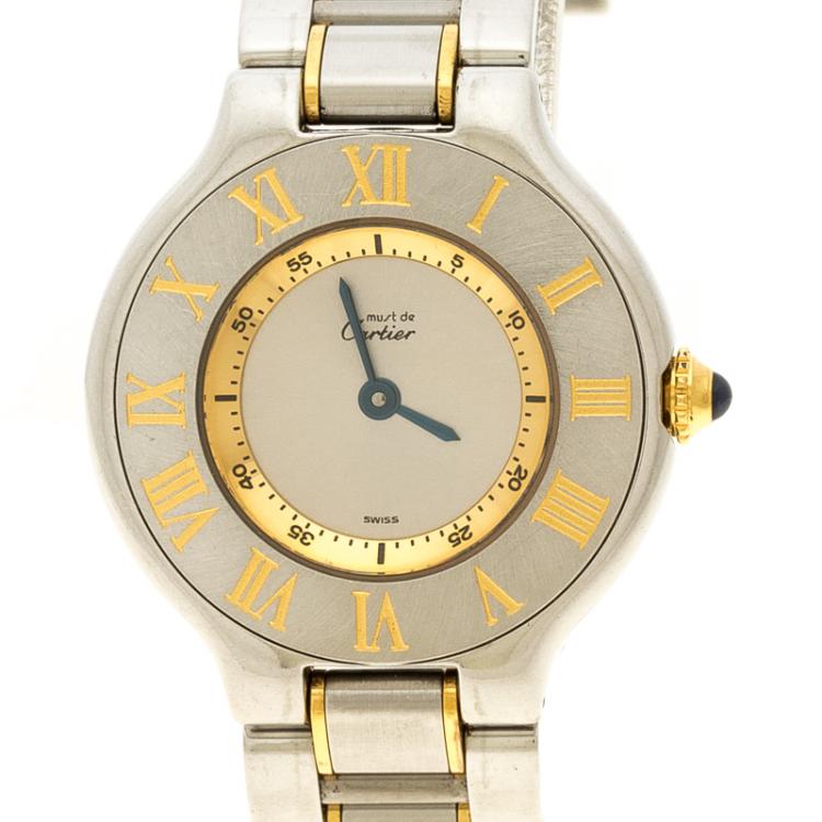 Pre Owned Cartier Silver Stainless Steel and Gold Must de Cartier Women's Wristwatch 28 mm