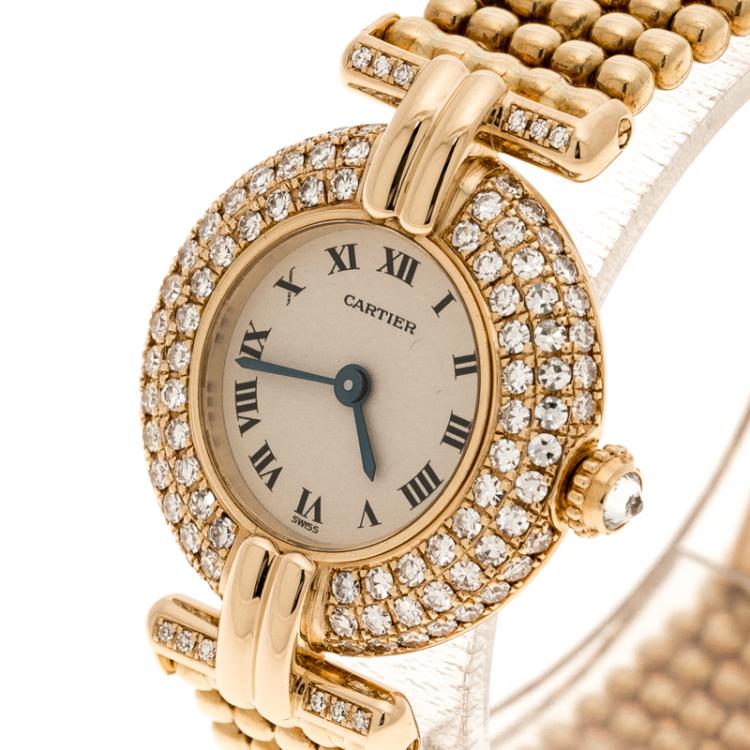 Pre Owned Cartier Cream Yellow Gold and Diamond Colisee 1628 Women's Wristwatch 24 mm