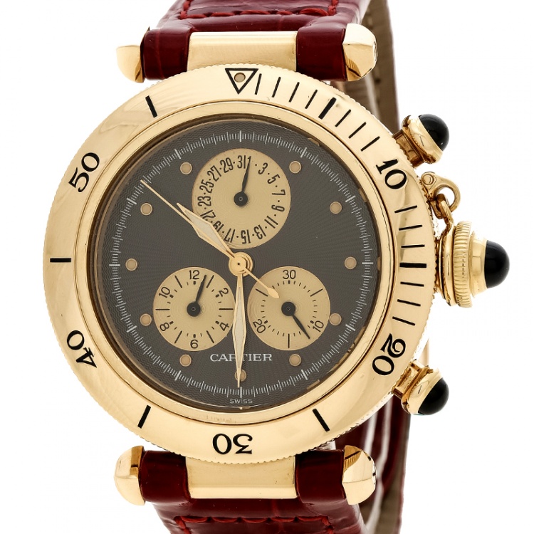 Pre Owned Cartier Grey 18K Yellow Gold Pasha De Cartier Chronograph 1353-1 Women's Wristwatch 35 mm