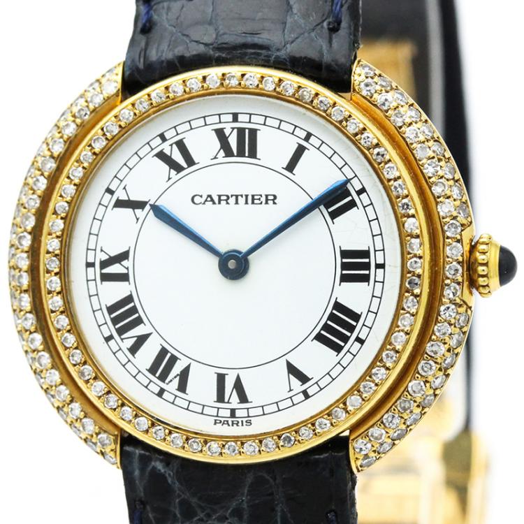 Pre Owned Cartier White 18K Yellow Gold Diamond Vendome Women's Wristwatch 33MM