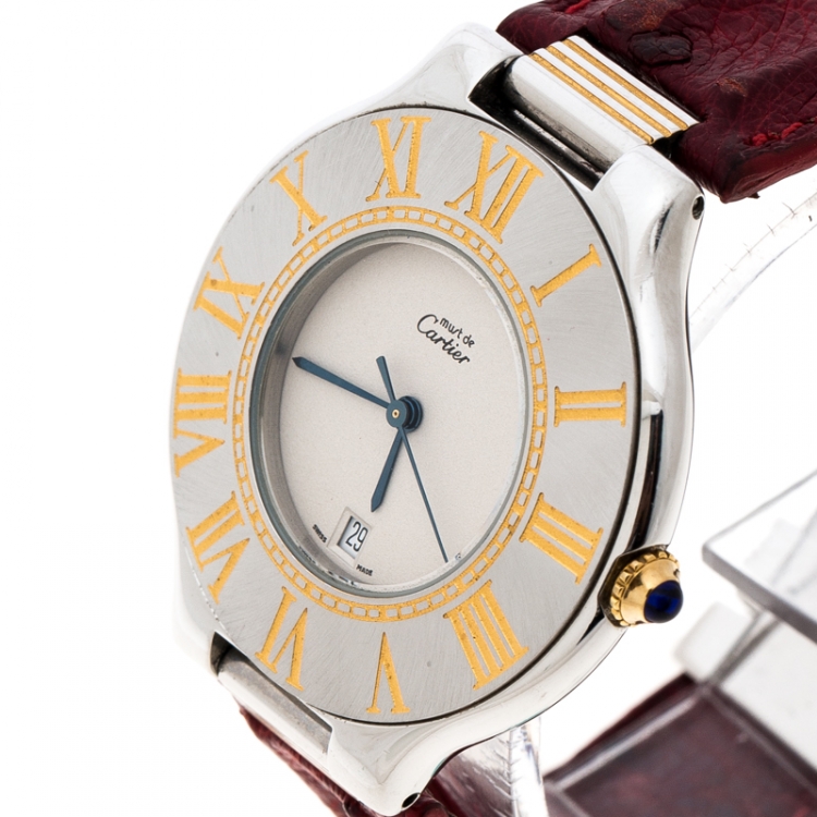 Pre Owned Cartier Cream Yellow Gold Plated and Stainless Steel Must de Cartier 21 Women's Wristwatch 34 mm