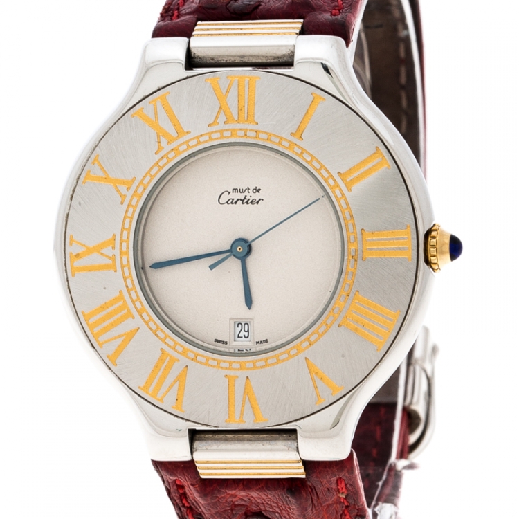 Pre Owned Cartier Cream Yellow Gold Plated and Stainless Steel Must de Cartier 21 Women's Wristwatch 34 mm