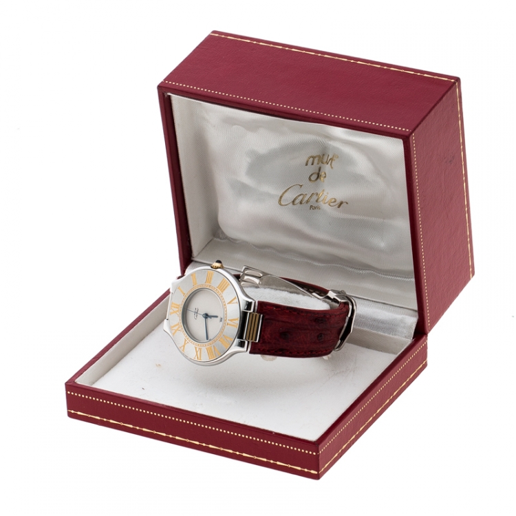 Pre Owned Cartier Cream Yellow Gold Plated and Stainless Steel Must de Cartier 21 Women's Wristwatch 34 mm