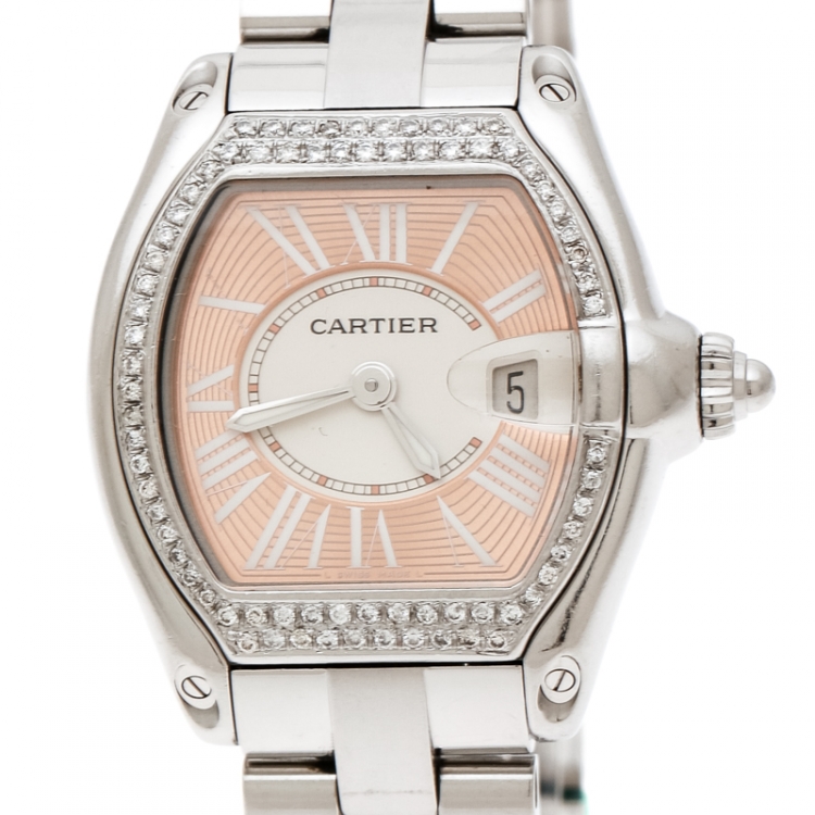 مملوكة مسبقًا Cartier Peach Stainless Steel And Diamonds Roadster 2675 Women's Wristwatch 31 mm