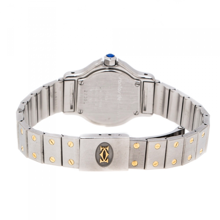 Pre Owned Cartier Cream 18K yellow Gold Stainless Steel Santos de Cartier 187903 Women's Wristwatch 24 mm