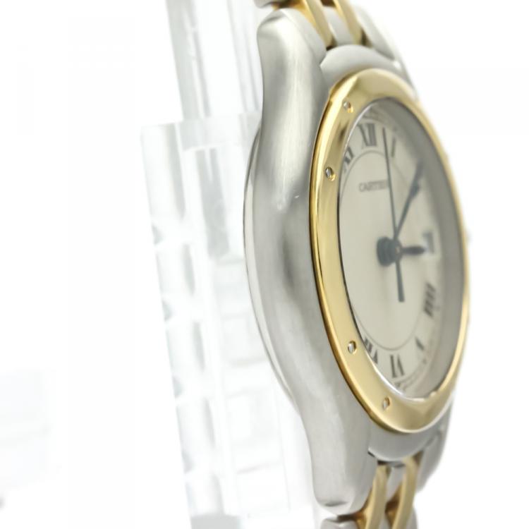 مملوكة مسبقًا Cartier White 18K Yellow Gold And Stainless Steel Panthere Cougar 187906 Women's Wristwatch 26 MM
