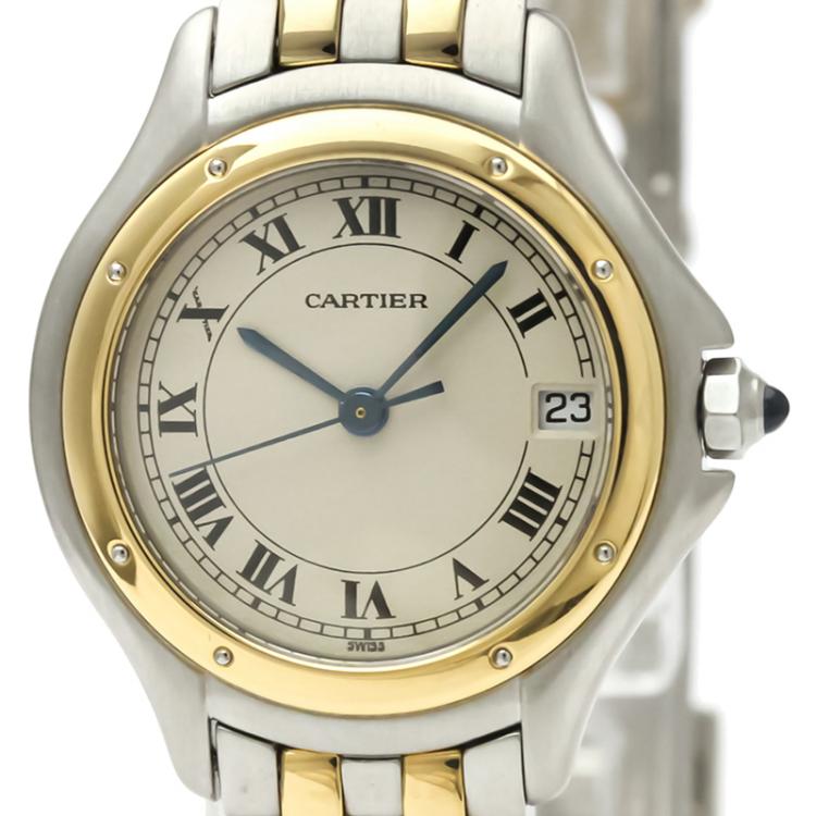 مملوكة مسبقًا Cartier White 18K Yellow Gold And Stainless Steel Panthere Cougar 187906 Women's Wristwatch 26 MM