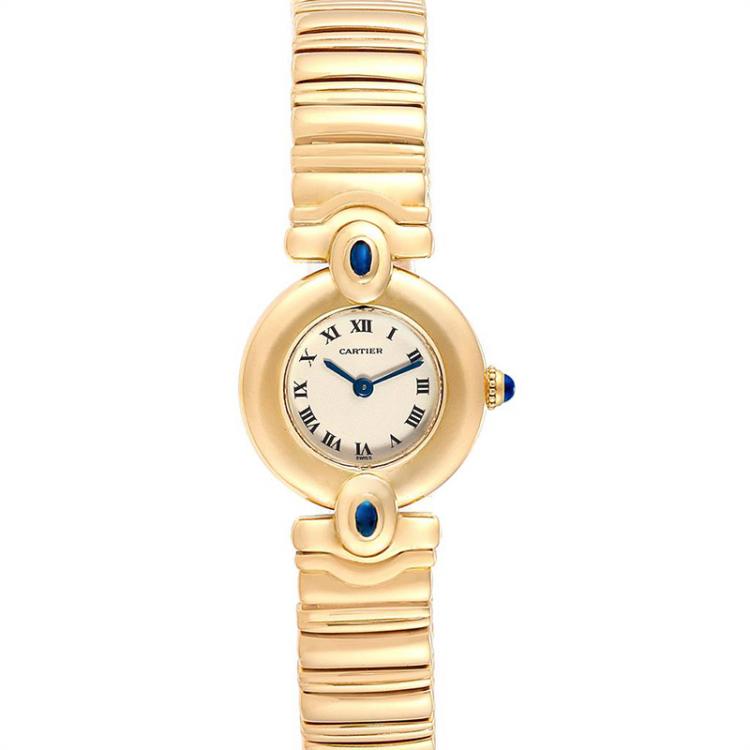 Pre Owned Cartier White 18K Yellow Gold Sapphire Colisee VLC Women's Wriswatch 24 MM