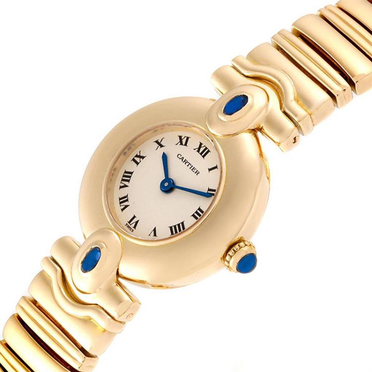 Pre Owned Cartier White 18K Yellow Gold Sapphire Colisee VLC Women's Wriswatch 24 MM