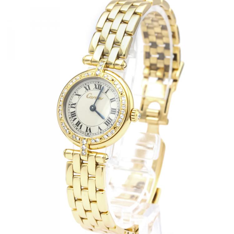 Pre Owned Cartier Silver Diamonds 18K Yellow Gold Panthere Women's Wristwatch 24 MM