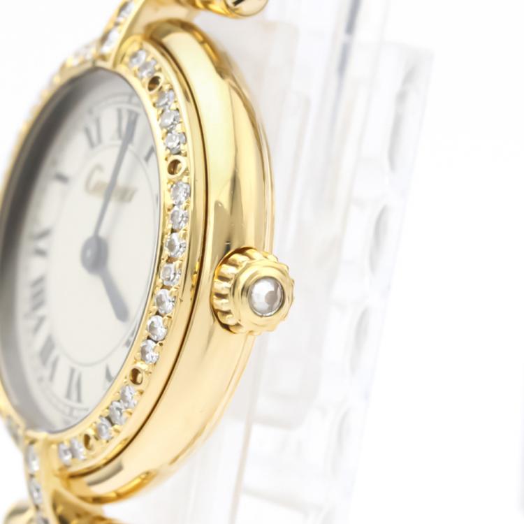 Pre Owned Cartier Silver Diamonds 18K Yellow Gold Panthere Women's Wristwatch 24 MM