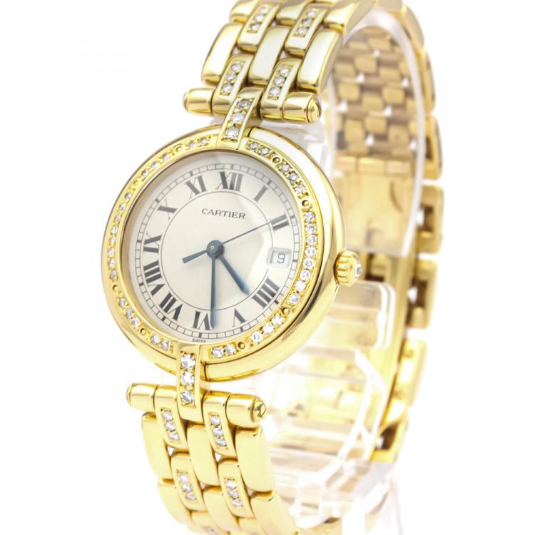 Pre Owned Cartier Silver Diamonds 18K Yellow Gold Panthere Women's Wristwatch 30 MM