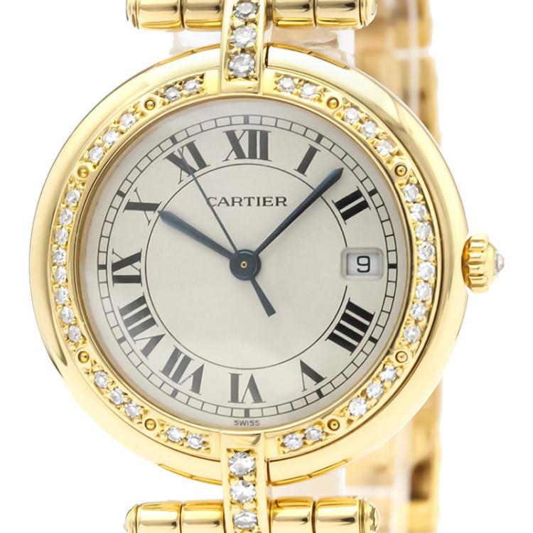 Pre Owned Cartier Silver Diamonds 18K Yellow Gold Panthere Women's Wristwatch 30 MM