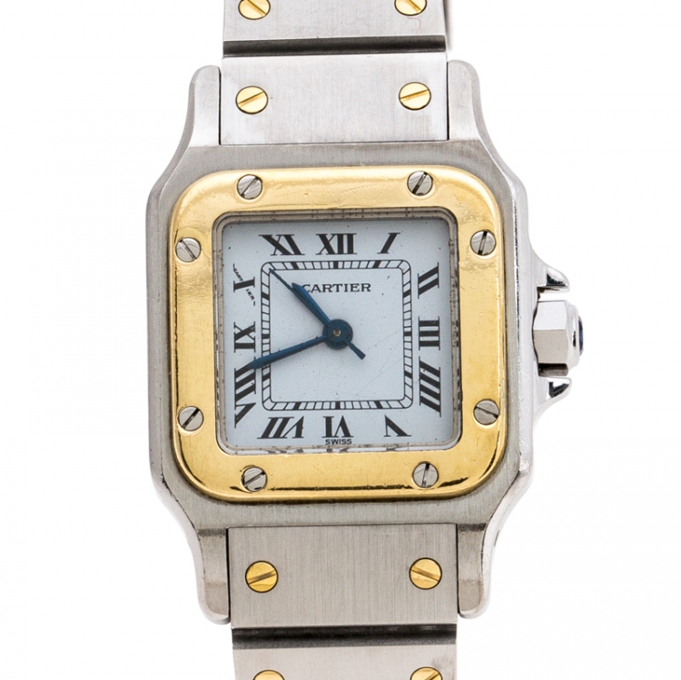 مملوكة مسبقًا Cartier White Stainless Steel 18K Yellow Gold Santos Galbée Women's Wristwatch 24 mm