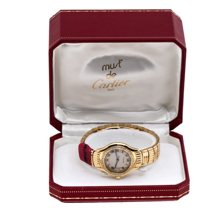 مملوكة مسبقًا Cartier Cream 18K Yellow Gold Diamonds Panthere Cougar 1171 Women's Wriswatch 26 MM