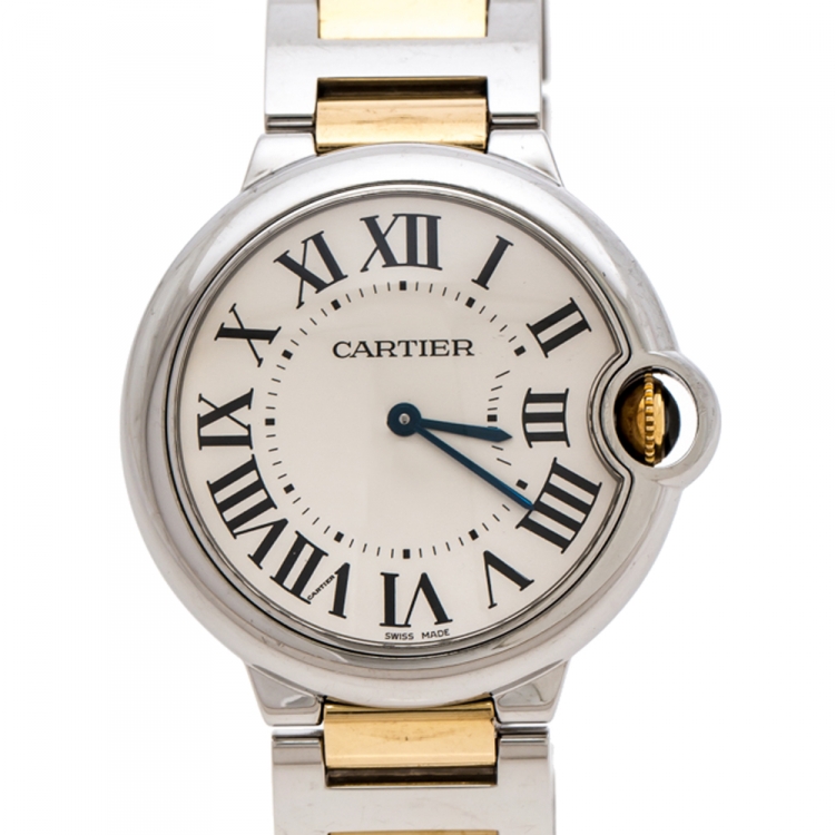Pre Owned Cartier Silver White Stainless Steel 18K Yellow Gold Ballon Bleu de Cartier 3005 Women's Wristwatch 36 mm
