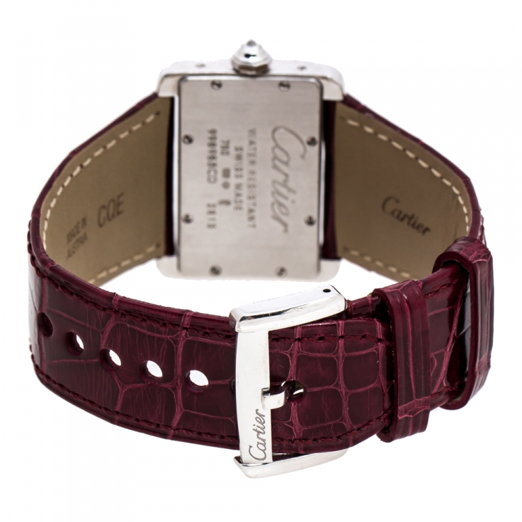 Pre Owned Cartier Silver 18K White Gold Diamond Leather Tank Divan 2613 Women's Wristwatch 31.50 mm