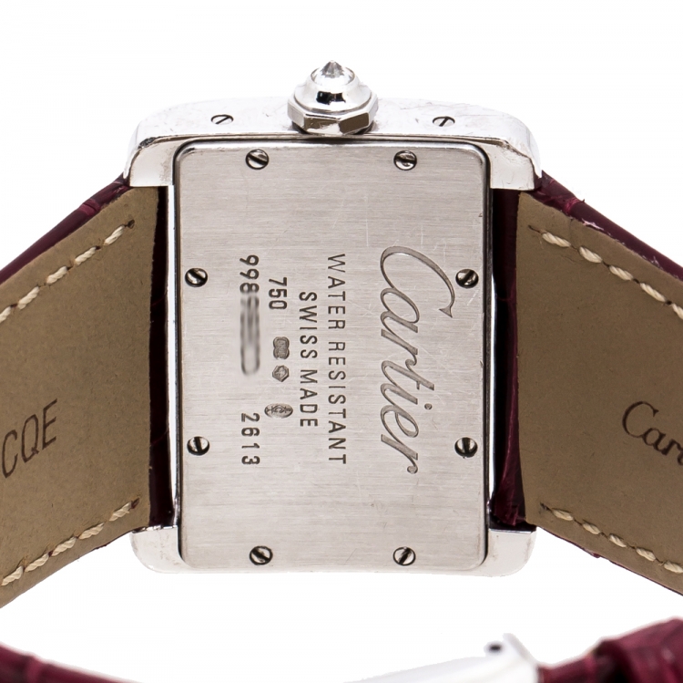 Pre Owned Cartier Silver 18K White Gold Diamond Leather Tank Divan 2613 Women's Wristwatch 31.50 mm